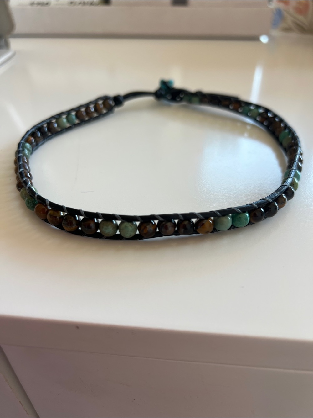 Beaded Leather Wrap choker with turquoise turtle closure